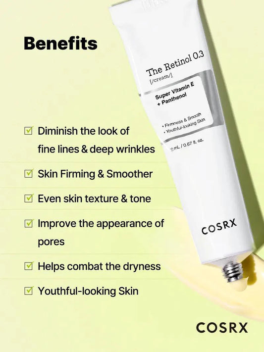 COSRX Retinol 0.3 Cream benefits – diminishes fine lines and deep wrinkles, firms skin