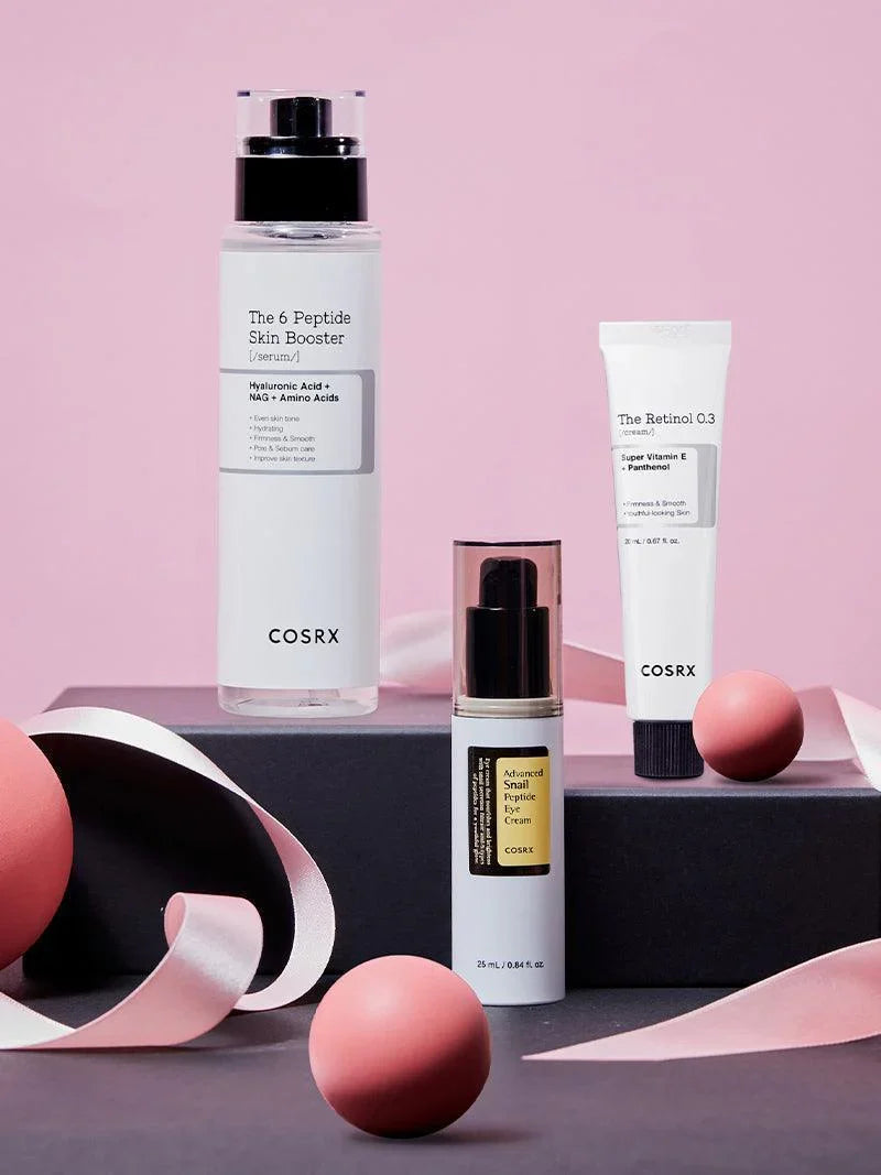 COSRX for fine lines and wrinkles – 6 Peptide Skin Booster, Retinol 0.3 Cream and Snail Peptide Eye Cream