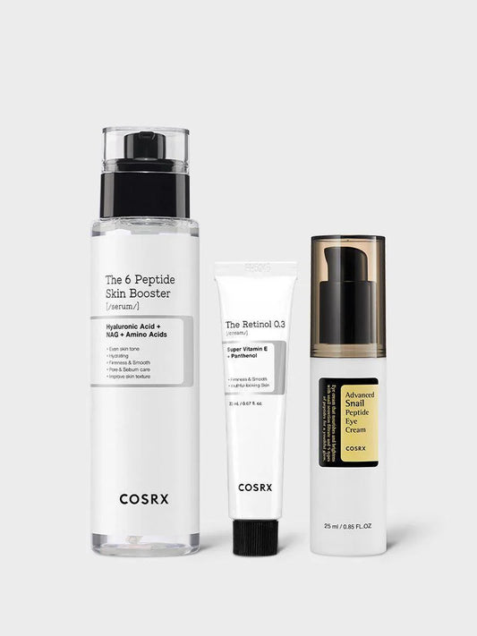 COSRX Deep Wrinkle Care Trio – 6 Peptide Skin Booster, Retinol 0.3 Cream and Snail Peptide Eye Cream