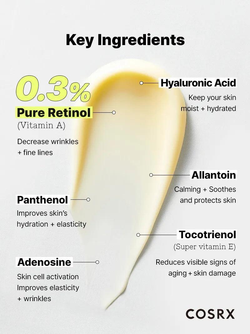 COSRX Retinol 0.3 Cream key ingredients – 0.3% pure retinol, hyaluronic acid, panthenol, adenosine