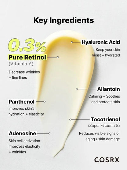 COSRX Retinol 0.3 Cream key ingredients – 0.3% pure retinol, hyaluronic acid, panthenol, adenosine