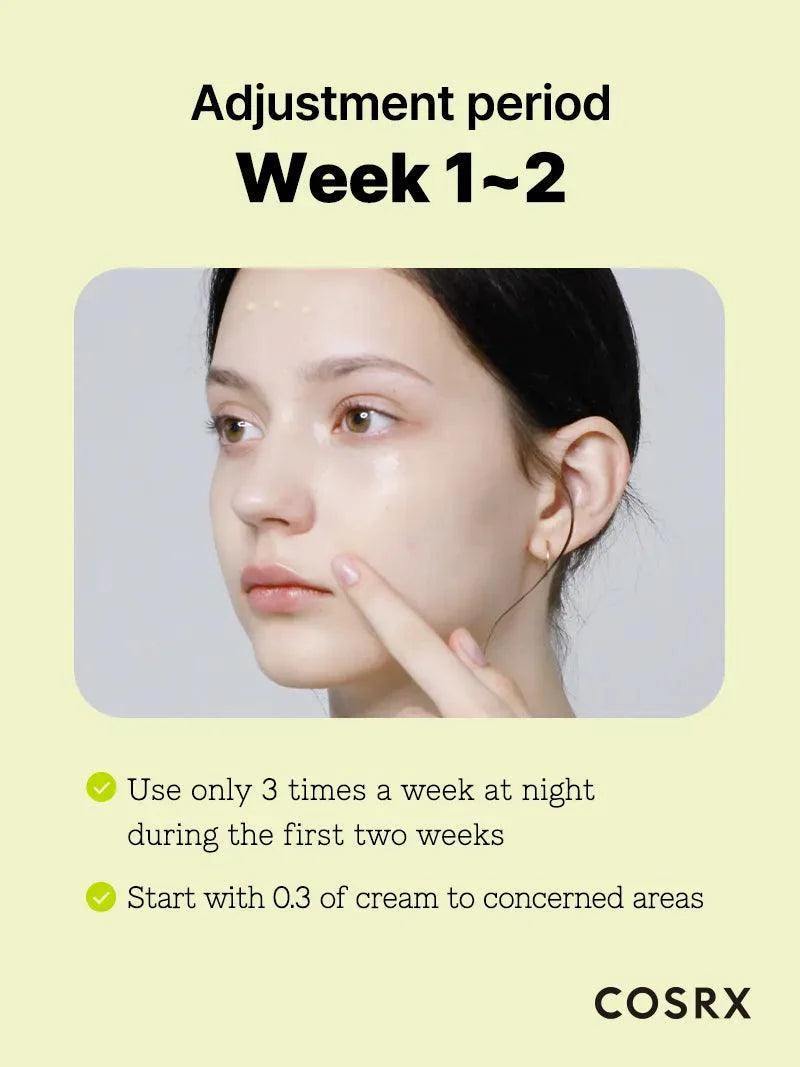 COSRX Retinol 0.3 Cream adjustment period weeks 1 to 2 – use 2 to 3 times a week at night