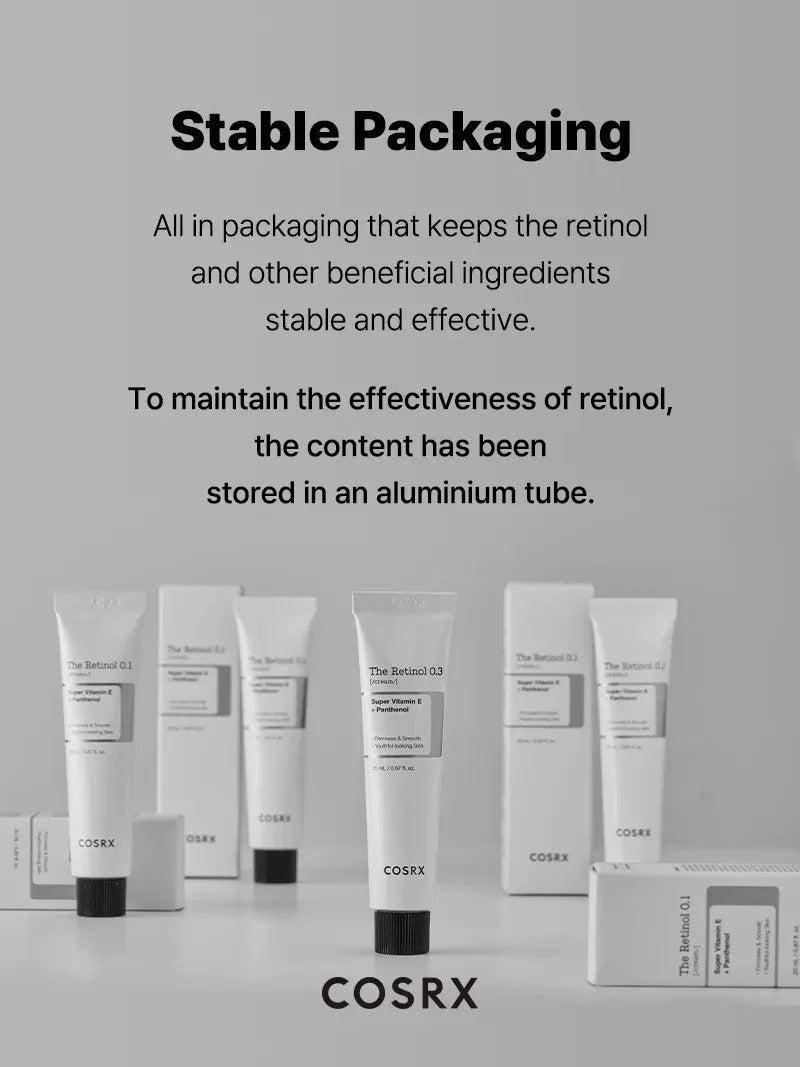 COSRX retinol cream stable aluminium tube packaging to keep retinol effective