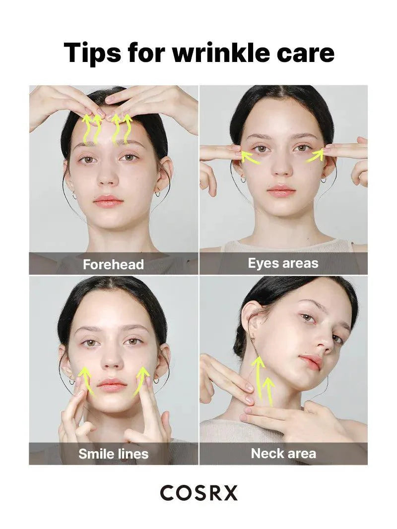 Tips for wrinkle care with COSRX Retinol 0.3 Cream on forehead, eyes, smile lines and neck