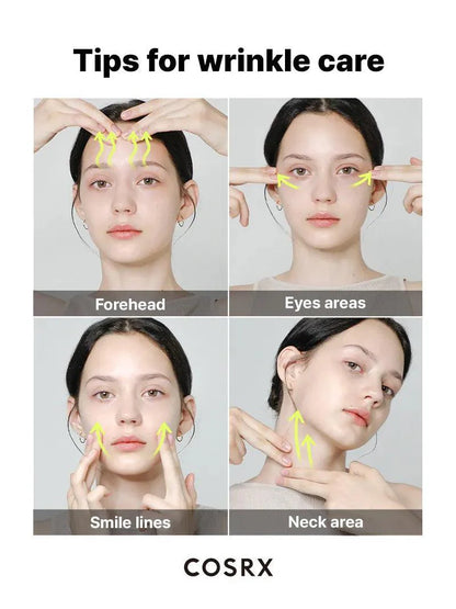 Tips for wrinkle care with COSRX Retinol 0.3 Cream on forehead, eyes, smile lines and neck