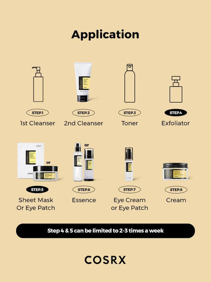 COSRX skincare routine application order – cleanser, toner, essence, snail mucin cream