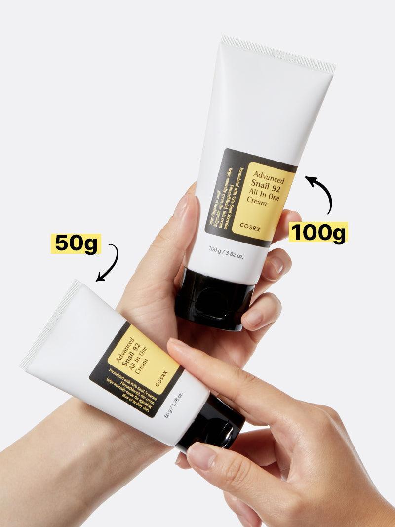 COSRX Advanced Snail 92 All in One Cream 50g and 100g tubes in hand