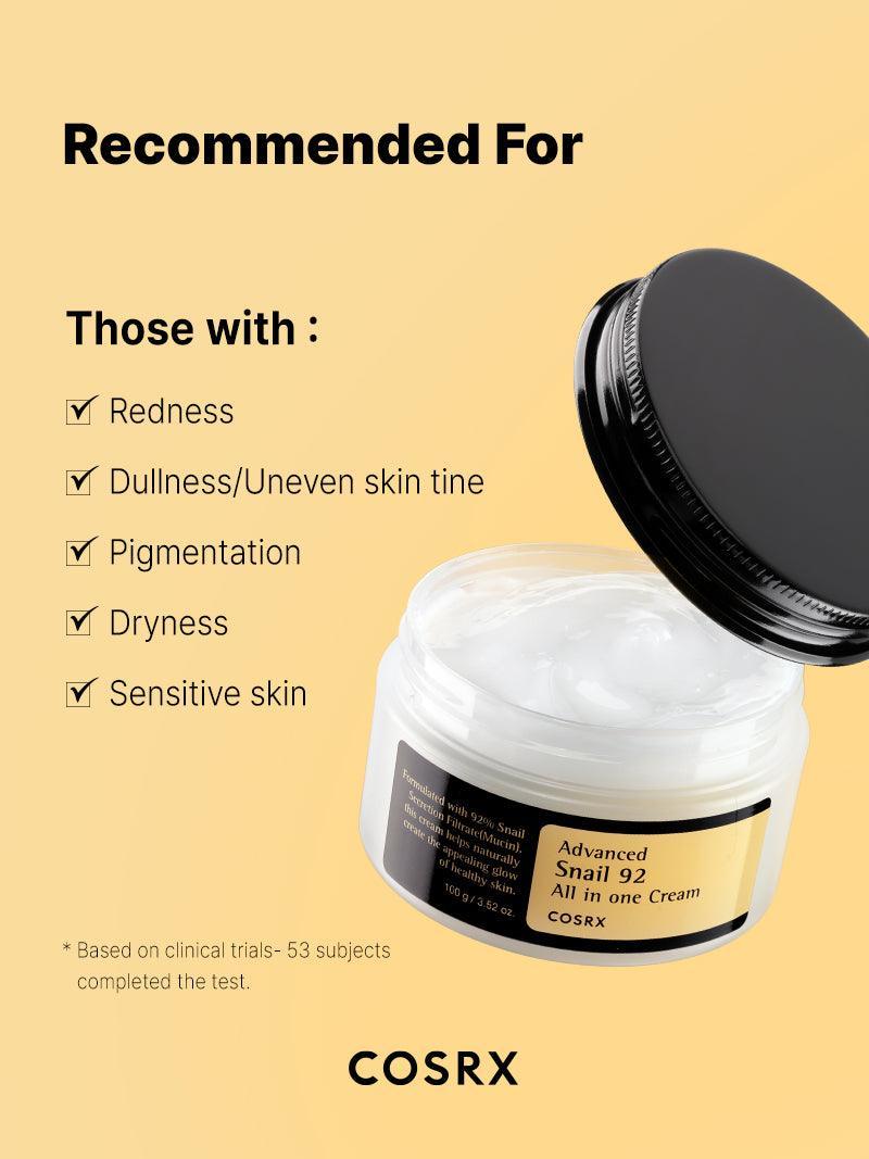 COSRX Snail 92 All in One Cream recommended for redness, dullness, dark spots, dryness and sensitive skin