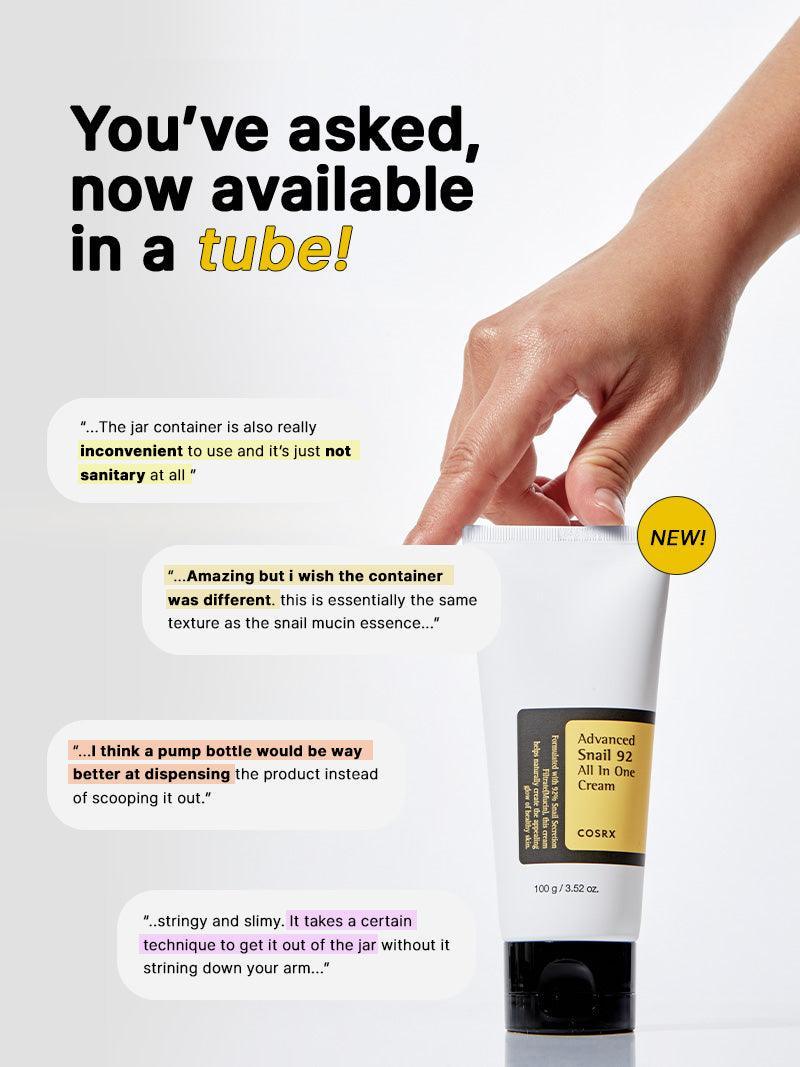 COSRX Advanced Snail 92 All in One Cream now in a tube – hand holding snail mucin moisturizer