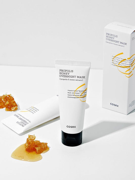 COSRX Full Fit Propolis Honey Overnight Mask tubes and box with honey