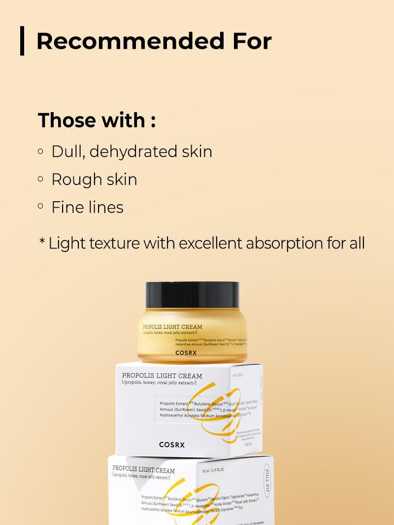 COSRX Propolis Light Cream recommended for dull, dehydrated, rough skin and fine lines