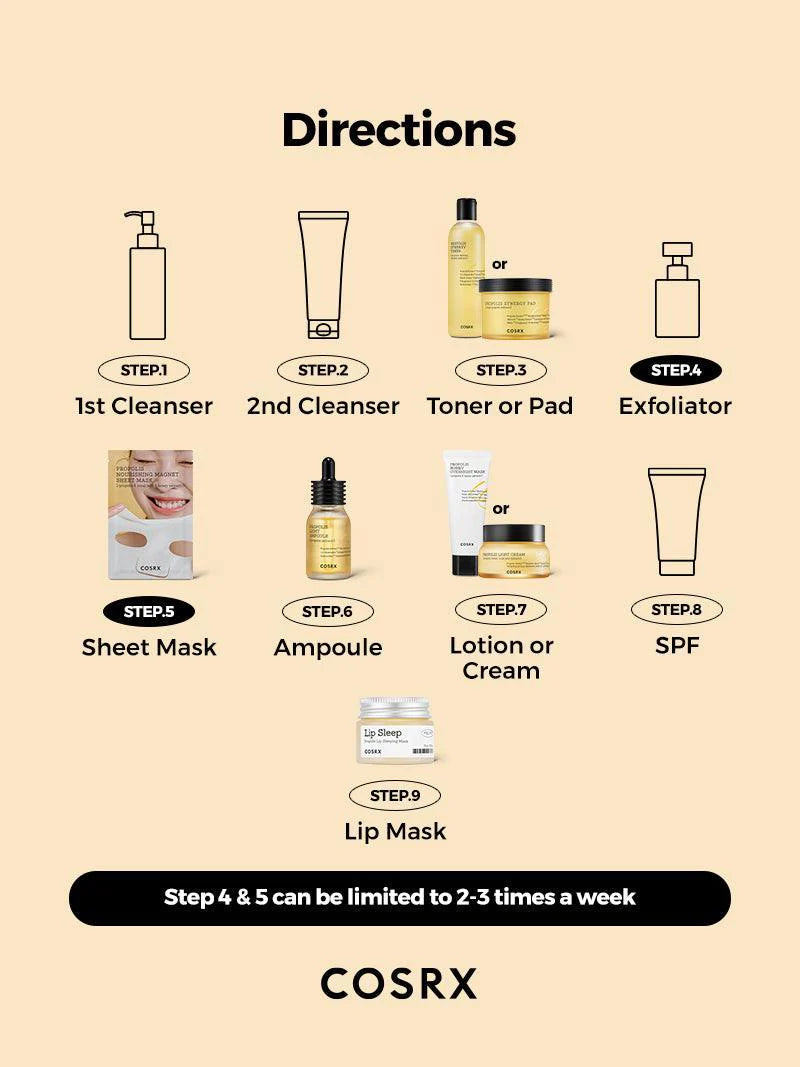 COSRX skincare routine directions – where Full Fit Propolis Light Cream fits